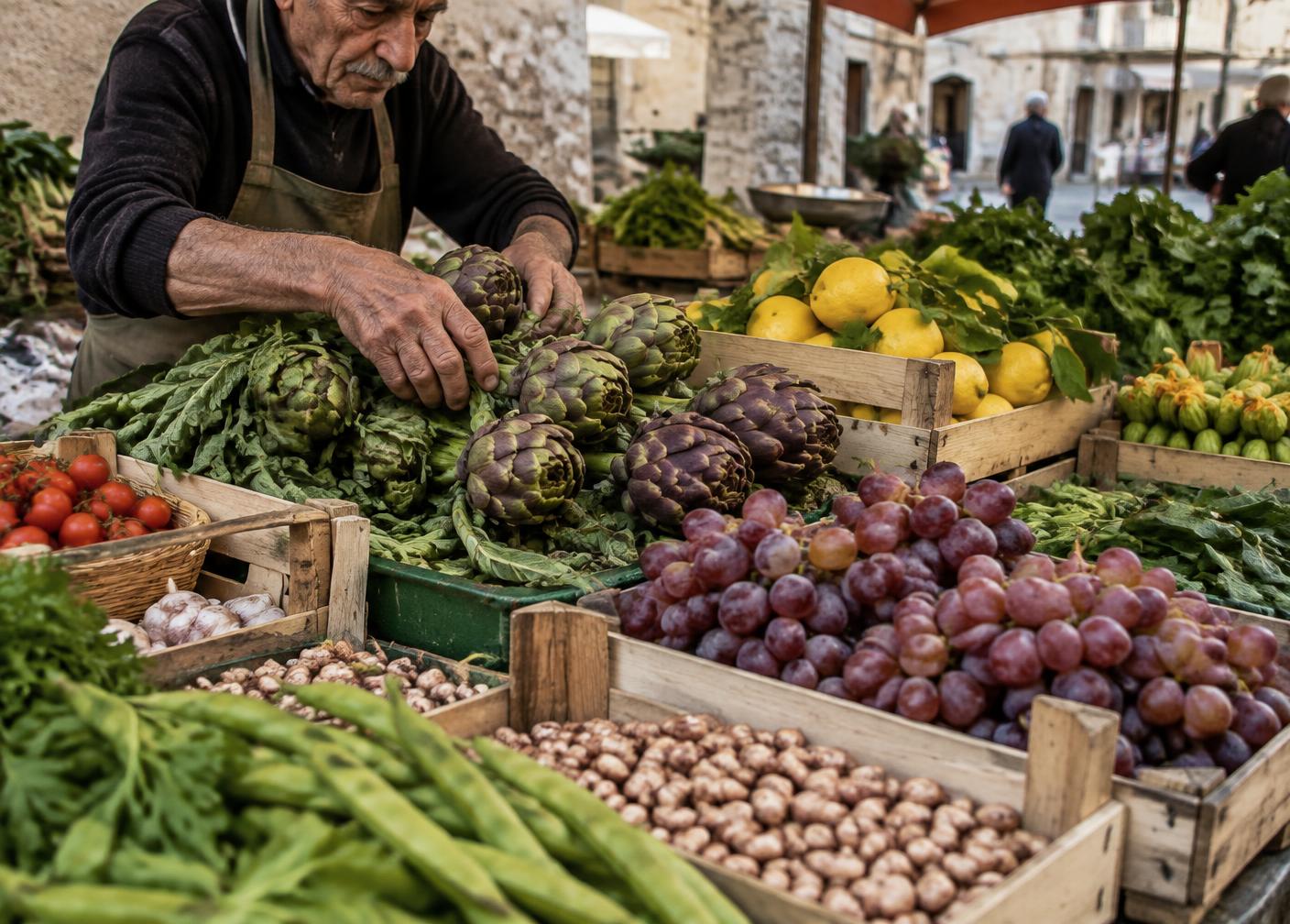 Banco di un mercato con ortaggi, carciofi, limoni e uva
